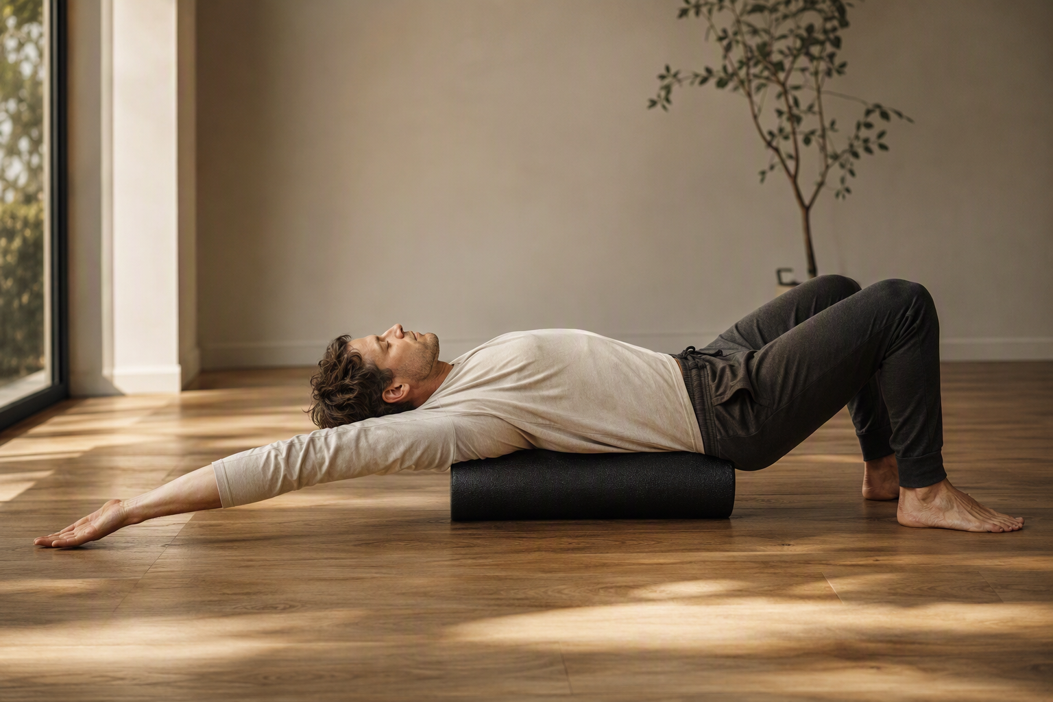 Floor Reset position, foam roller under the shoulder blades, part of the Core Reset Studio method