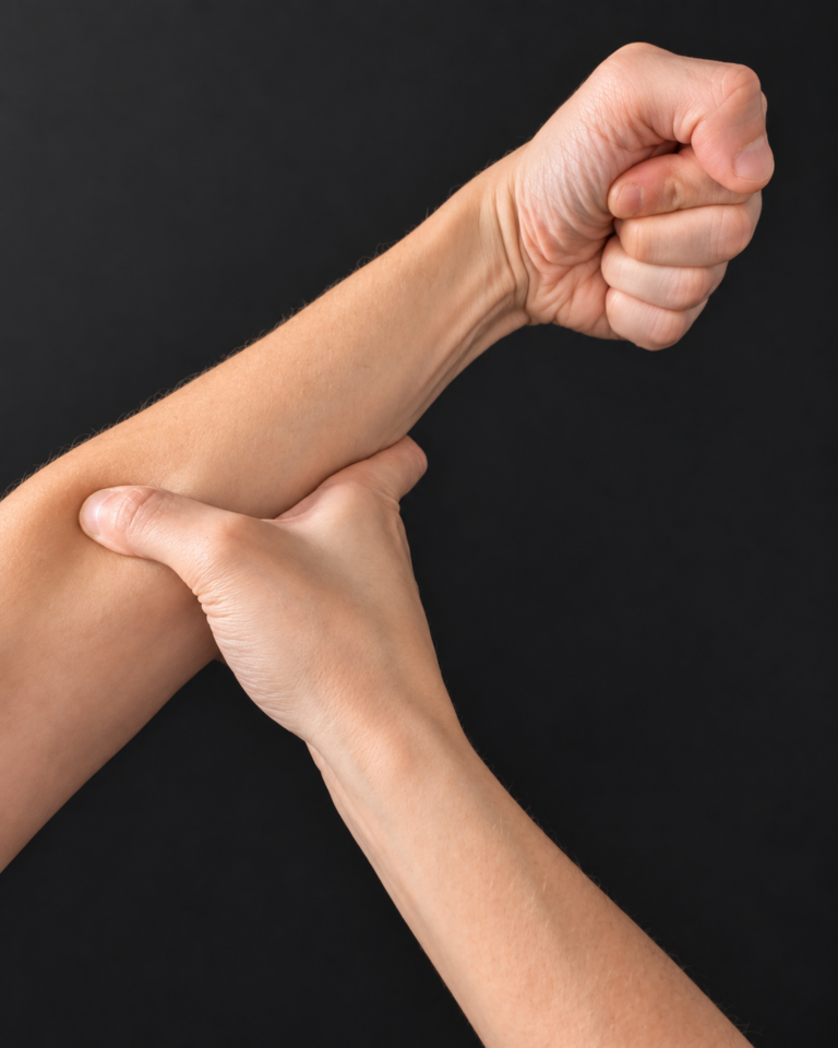 Working hand formed into a fist while the opposite hand holds the forearm.